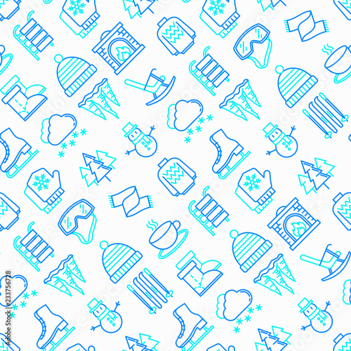 Fotografia, Obraz Winter seamless pattern with thin line icons: fireplace, skates, mittens, snowflake, scarf, snowman, pullover, sledges, rocking chair, skiing, icicle, snowfall