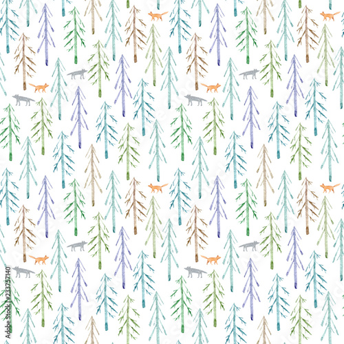 Seamless pattern of a spruce tree,fox and wolf.Landscape.Watercolor hand drawn illustration.White background.