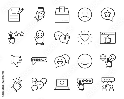 set of feedback line icons, such as, question, review, test, app, emoji, survey