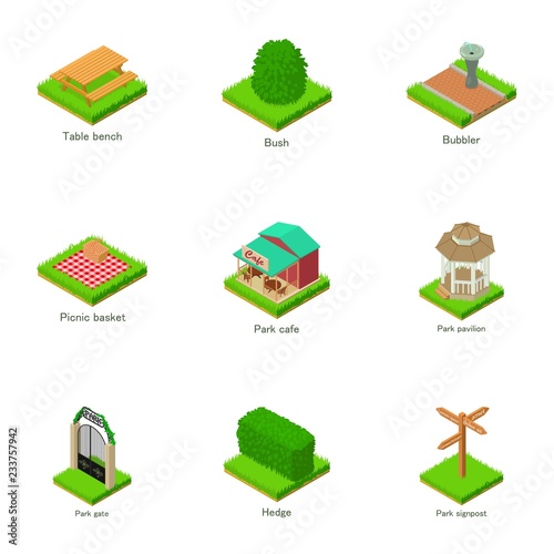 Green yard icons set. Isometric set of 9 green yard vector icons for web isolated on white background photo