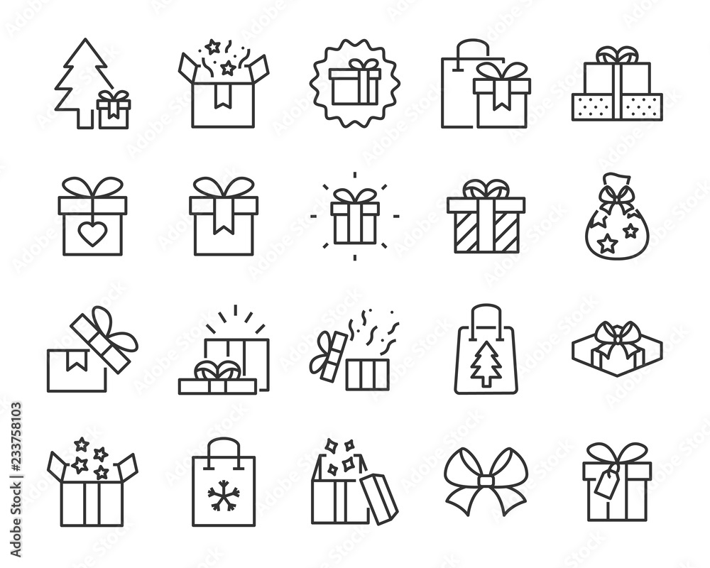 set of gift box line icons, christmas and happy new year gift