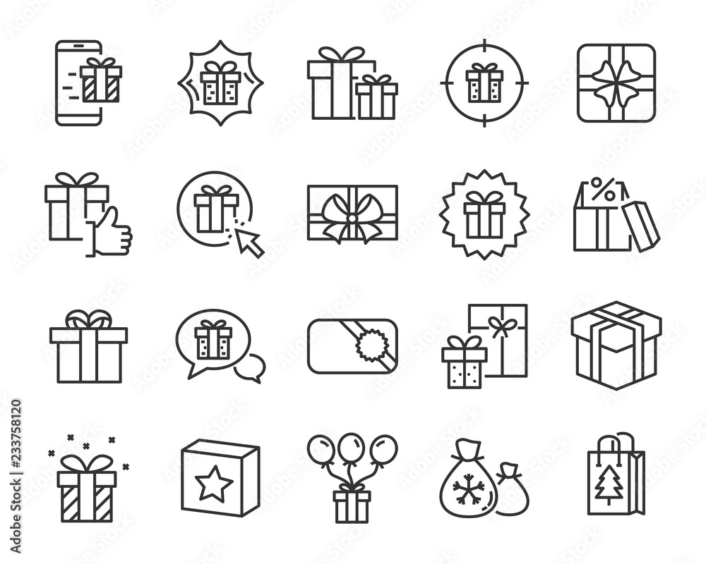 Fototapeta premium set of gift box line icons, christmas and happy new year gift