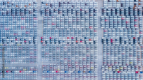 Photography Top view of lot of vehicles at new car parking