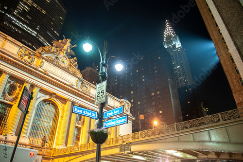 Pershing Square at night with Chrysler building and Grand Central Station