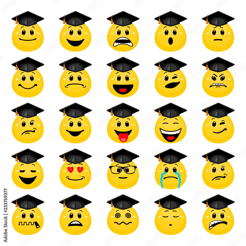 Vector set of education emoticons. Icon collection of student faces showing different emotions in cartoon style isolated on white background.