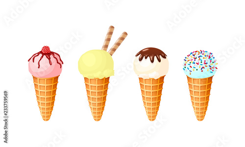 Vector set of isolated ice creams with different flavors and decoration. 