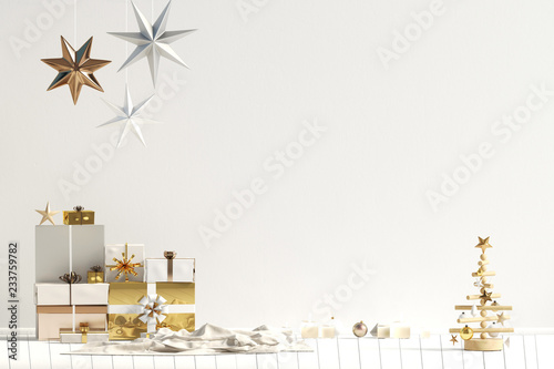 Modern Christmas interior, Scandinavian style. Wall mock up. 3D illustration