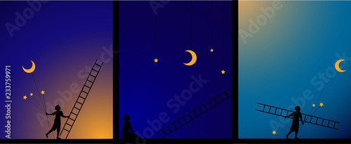 decorate the sky, work in theater, image story, e, boy fix the star and moon with ladder, work on the heavens, dream,