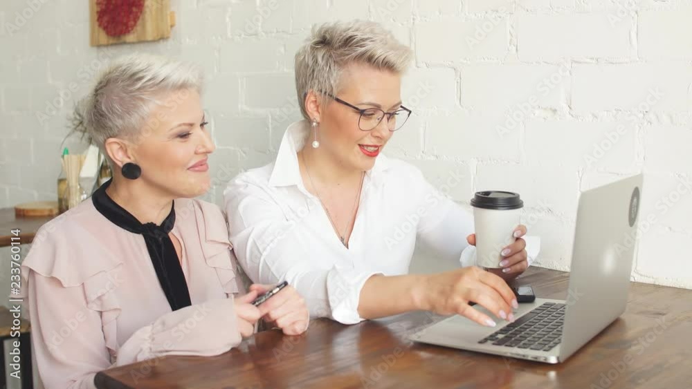 Businesswoman looking at computer presentation on laptop screen at meeting, worker show presentation for her female boss or client Businesswoman looking at computer presentation on laptop screen at meeting, worker show presentation for her female boss or client