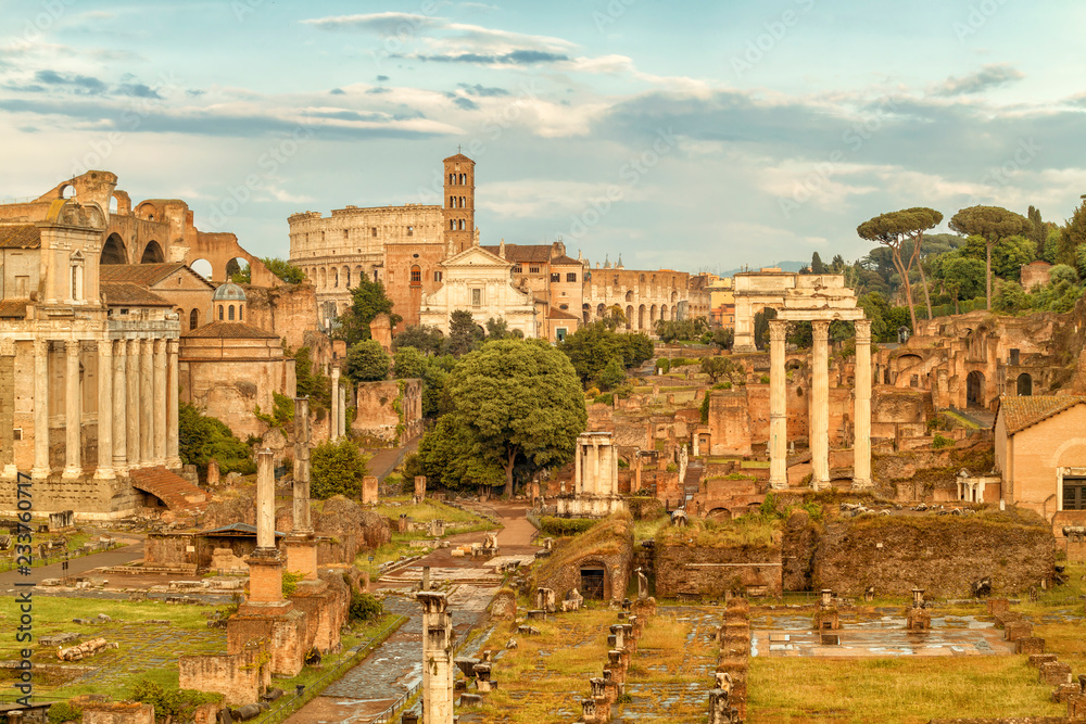 Aerial scenic view of Roman Forum and Colosseum in Rome , Italy. Rome architecture and landmark.