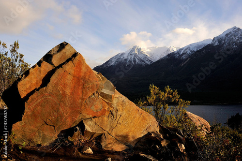 LAGO EPUYEN QUE PERTENECE AL PARQUE MUNICIPAL PUERTO BONITO. Roca que conserva pinturas de los pueblos nativos. ..PROVINCIA DE CHUBUT (ARGENTINA). photo