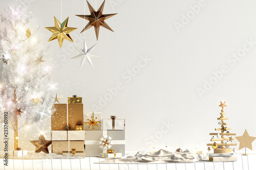 Modern Christmas interior, Scandinavian style. Wall mock up. 3D illustration