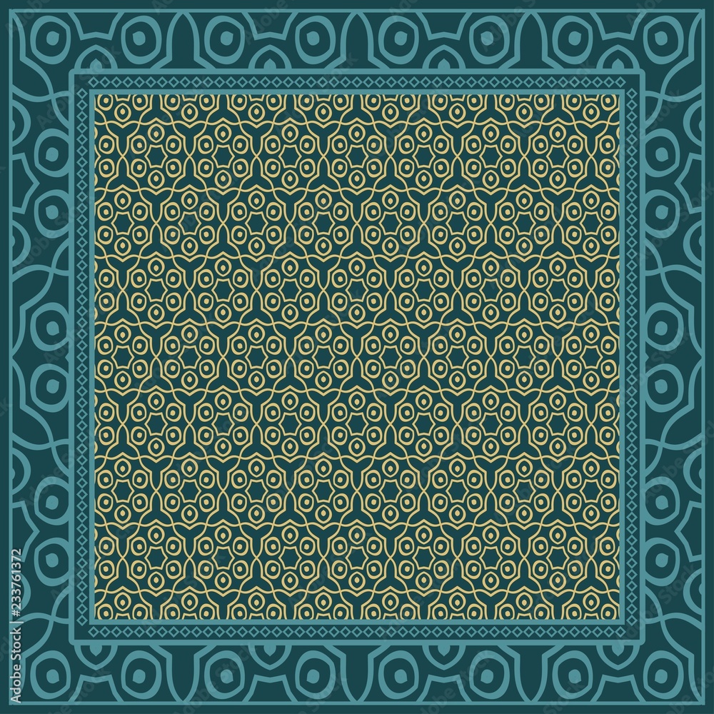 Geometric ornament with frame, border. Art-deco background. Bandanna, shawl, scarf, tablecloth design