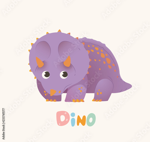 Cute Purple Cartoon Baby Dino. Bright Colorful dinosaur. Childrens illustration. Isolated. Vector