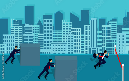 Businessman compettion push the obstacle and run go to the finish line to goal to achieve success on city background. leadership. creativity idea. Business advantage concept. cartoon vector