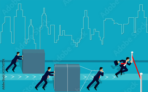 Businessman compettion push the obstacle and run go to the finish line to goal to achieve success on blue background. leadership. creativity idea. Business advantage concept. cartoon vector