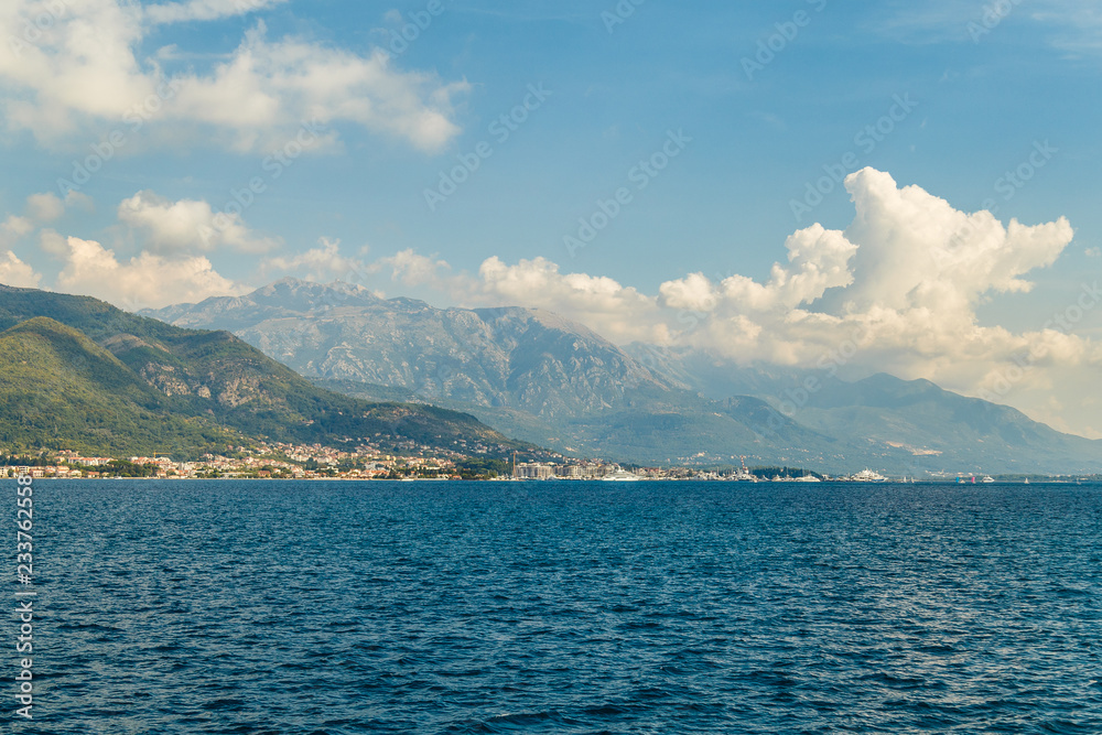 Seascape, high mountains on the shore of the Bay of Kotor