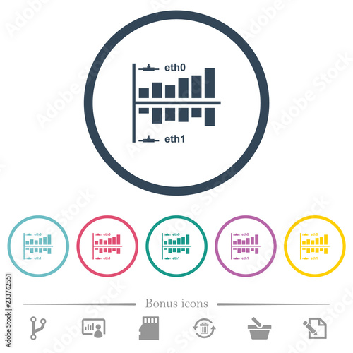 Network statistics flat color icons in round outlines