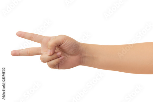 Human hand in reach out one's hand and counting number two sign gesture isolate on white background with clipping path, High resolution and low contrast for retouch or graphic design