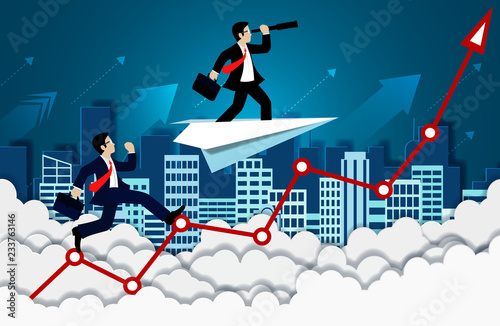 Businessman competition on a arrow red. up to the sky. go to goal and business finance success. leadership. creative idea. cartoon vector illustration