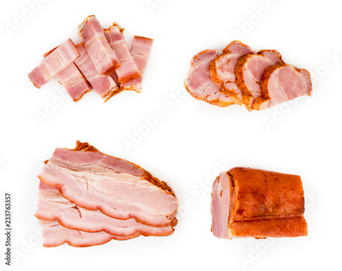 Sliced bacon on a white background. The view from top. photo