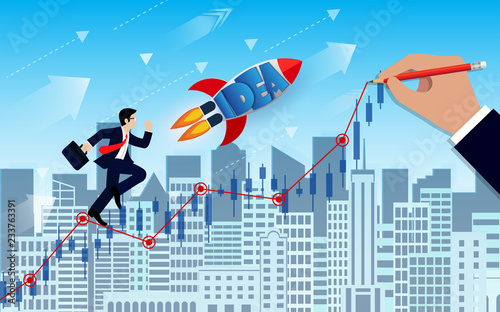 Businessman and space shuttle competition go to the goal. on graph line with hand drawn to achieve success. go to target growth. leadership. creative idea. business concept. cartoon vector