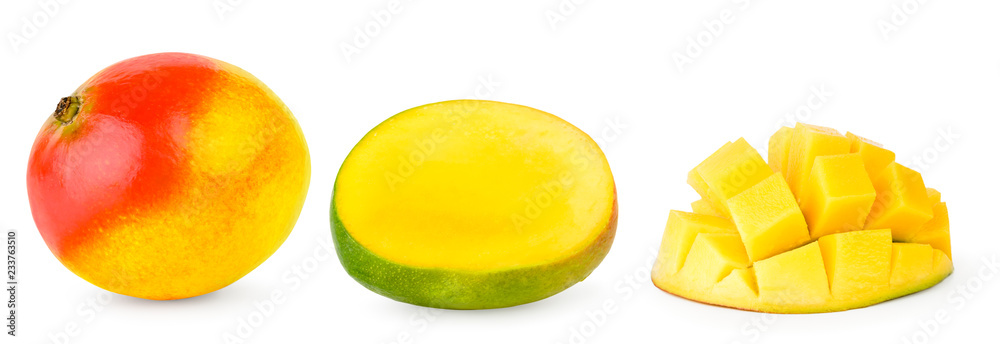 Set of mangoes, half mangoes and mango cubes close-up. Set of mangoes, half mangoes and mango cubes close-up.