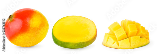 Set of mangoes, half mangoes and mango cubes close-up.