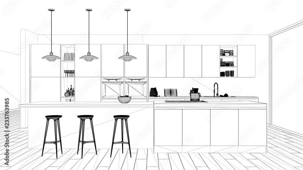 Interior design project, black and white ink sketch, architecture
