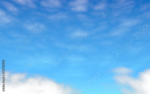 Blue sky background with white clouds. Abstraction group of clouds on clear blue sky on sunny day. 3D illustration