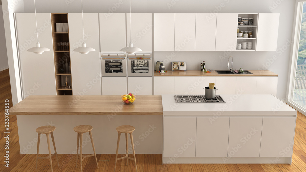 Modern minimalist white and wooden kitchen with island and big ...