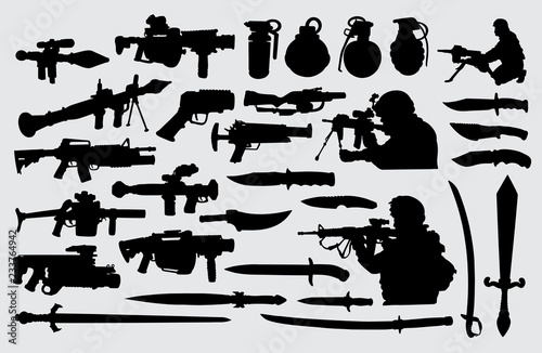 Weapon, gun, knife, sword and soldier. Good use for symbol, logo, web icon, mascot, sign, or any design you want.