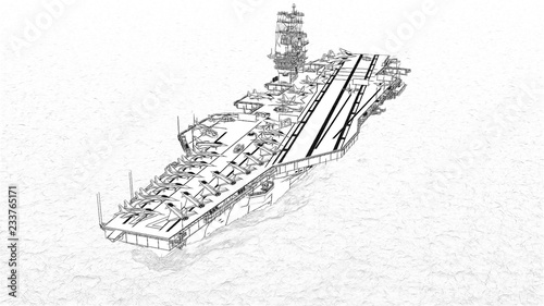 Aircraft carrier crossing the ocean 3D rendering