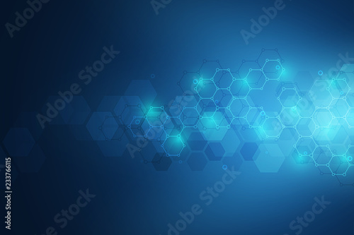 Molecular structures and hexagons elements. Abstract geometric background with molecules and communication. Hexagons pattern for medical or scientific and technological design.