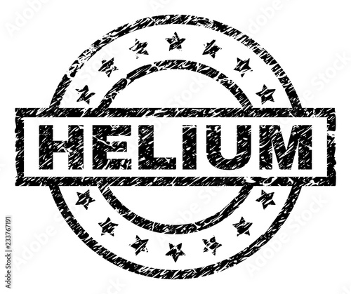 HELIUM stamp seal watermark with distress style. Designed with rectangle, circles and stars. Black vector rubber print of HELIUM label with unclean texture.