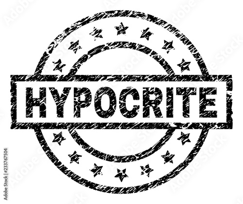 HYPOCRITE stamp seal watermark with distress style. Designed with rectangle, circles and stars. Black vector rubber print of HYPOCRITE title with dirty texture.
