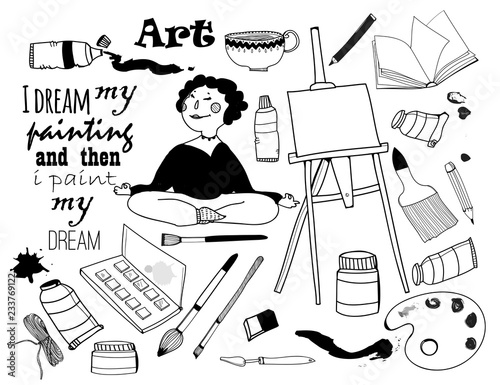 Hand drawn art tools. Graphic vector set. All elements are isolated