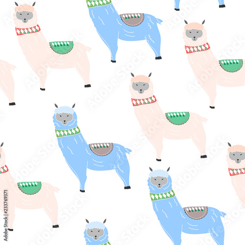 Colored lamas and alpacas. Vector seamless pattern