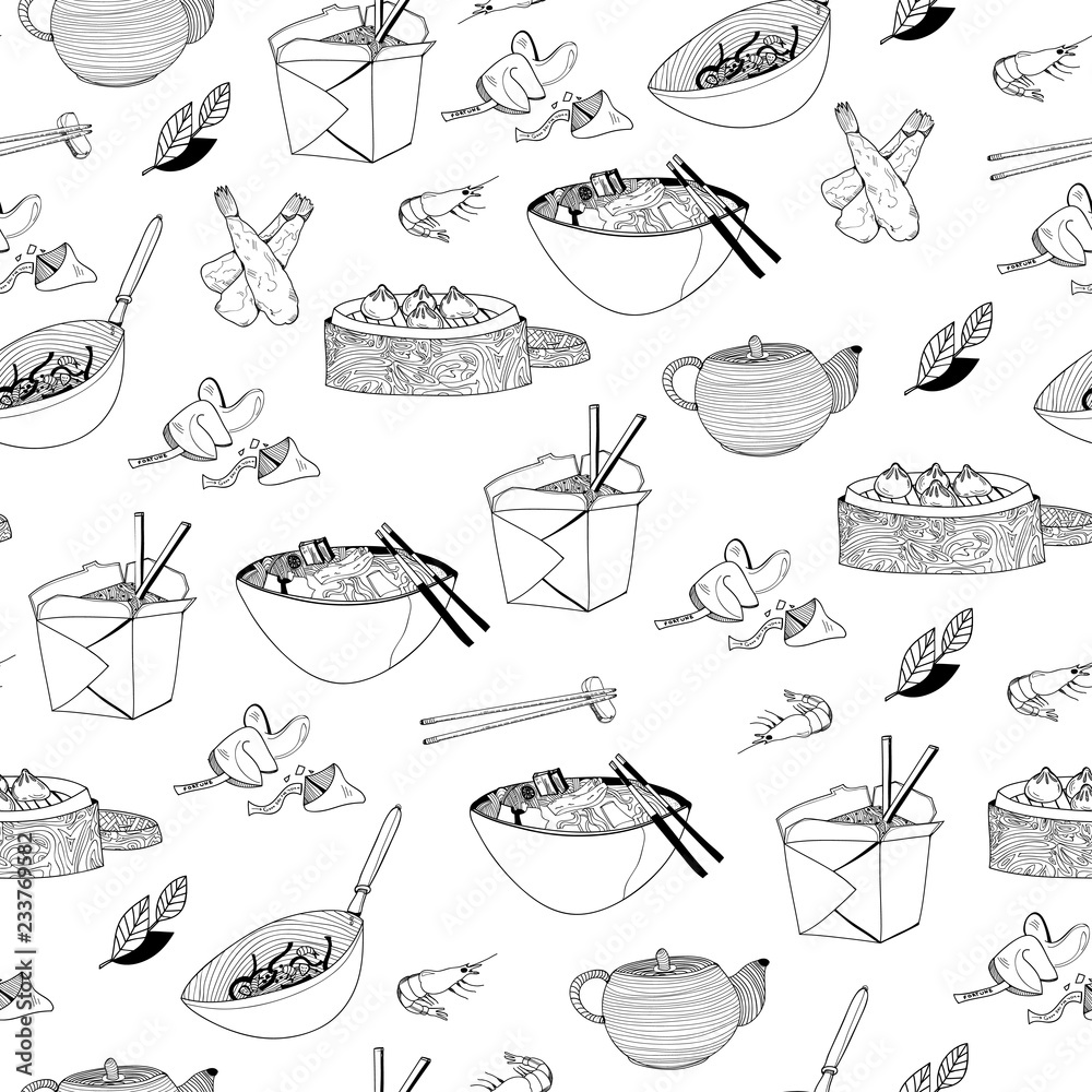 Asian food. Hand drawn graphic vector seamless pattern Stock Vector