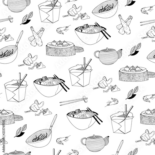 Asian food. Hand drawn graphic vector seamless pattern