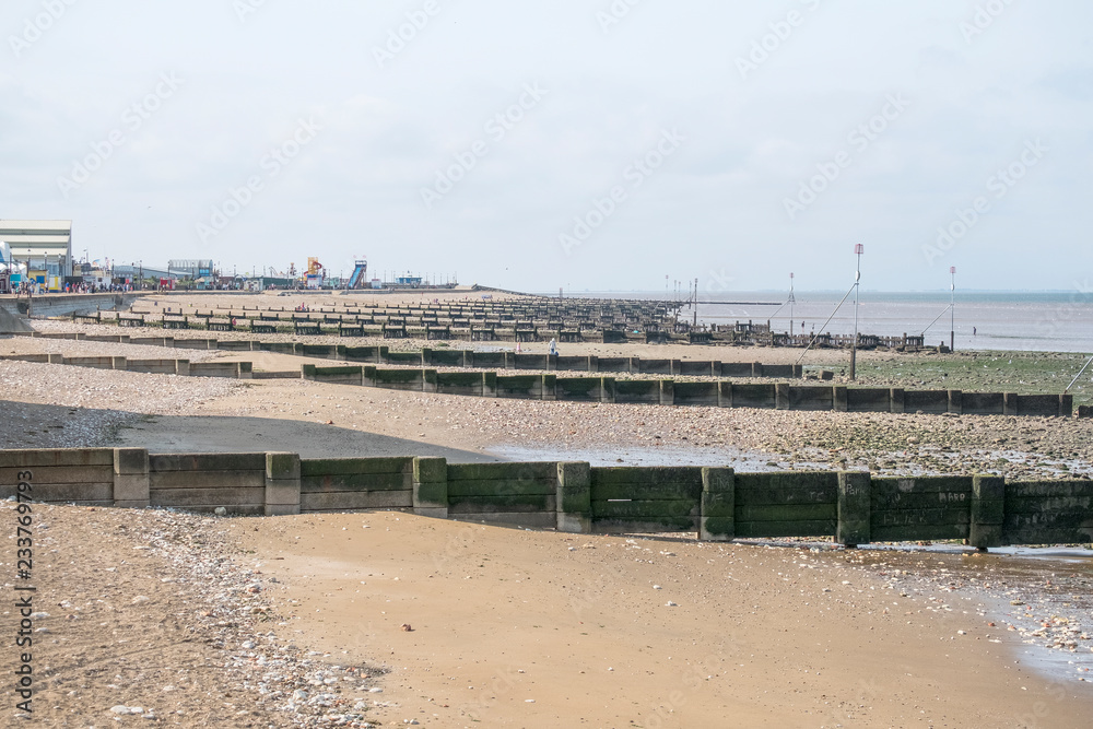 Wooden groynes on the beach at Hunstanton, Norfolk, UK