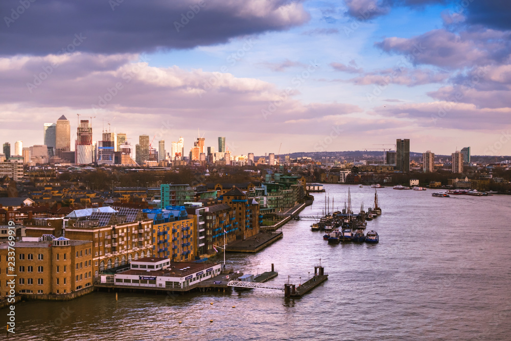 London skyline in sunset light. View towards the docklands