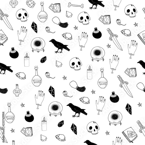 Hand drawn magic objects. Graphic occult elements. Black vector seamless pattern