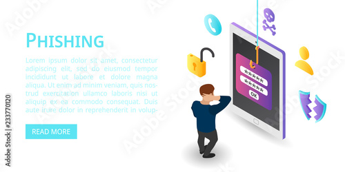 Login password phishing banner. Isometric illustration of login password phishing vector banner for web design