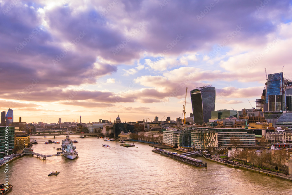 Panoramic view of London skyline towards Fenchurch and Saint Paul's Cathedral
