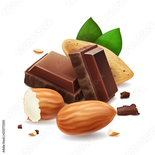 Chocolate pieces with almonds nuts. Vector illustration