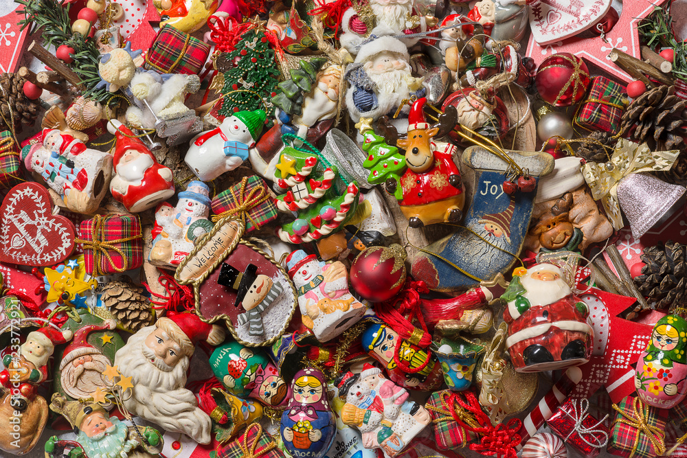 Top view of different Christmas decorations.