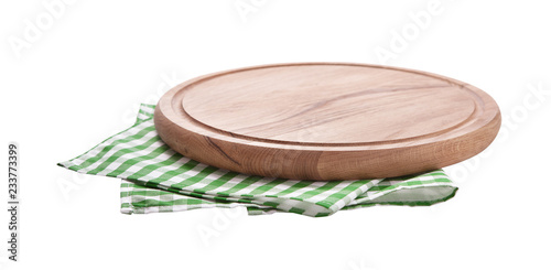 Pizza board, with napkin isolated. Top view mockup