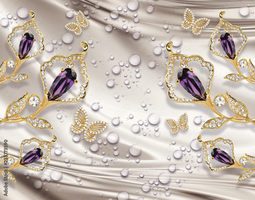 3D wallpaper, jewelry calla lily on silk background. Celebration 3d