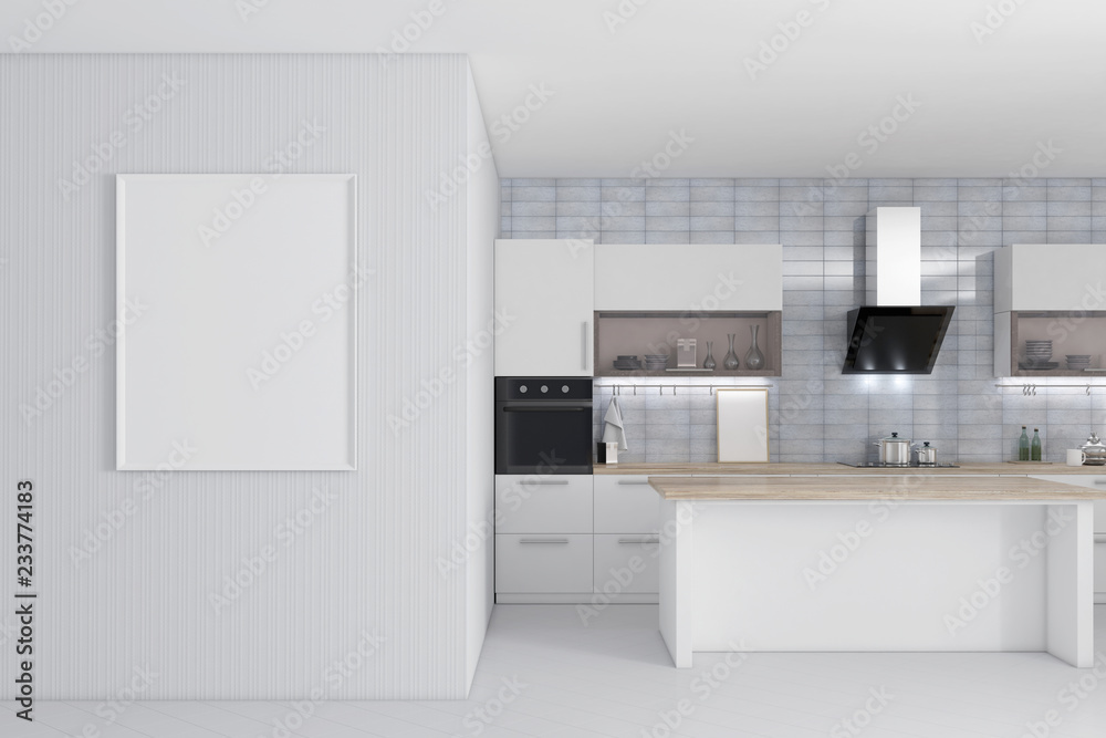 Poster frame mockup in kitchen interior 3d rendering Poster frame mockup in kitchen interior 3d rendering